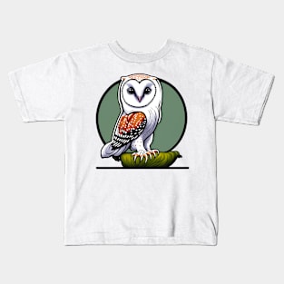 Wise owl on branch with green circle background Kids T-Shirt